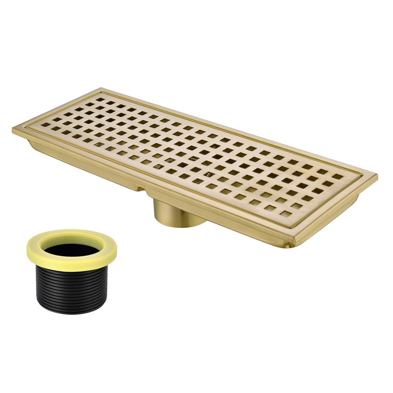Orhemus 12 inch Stainless Steel Linear Shower Floor Drain with Threaded Adapter, Removable Cover Grid Grate, Brushed Gold Finished - Image 1